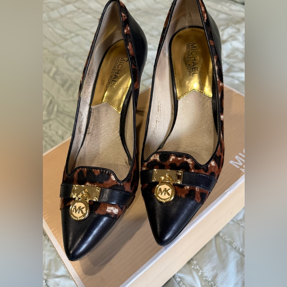 Michael Kors Black and Animal Print Heels with Gold Accents